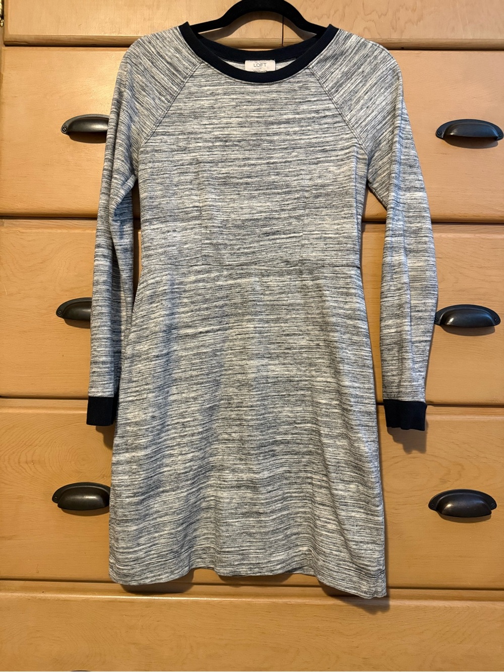 LOFT Dress Womens Size XS Grey Marled Space Dye Knit Long Sleeve Black Trim Crew
